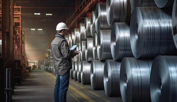 engineer-standing-holding-ipad-inspect-rolls-galvanized-steel-sheet-inside-factory-warehouse-generative-ai